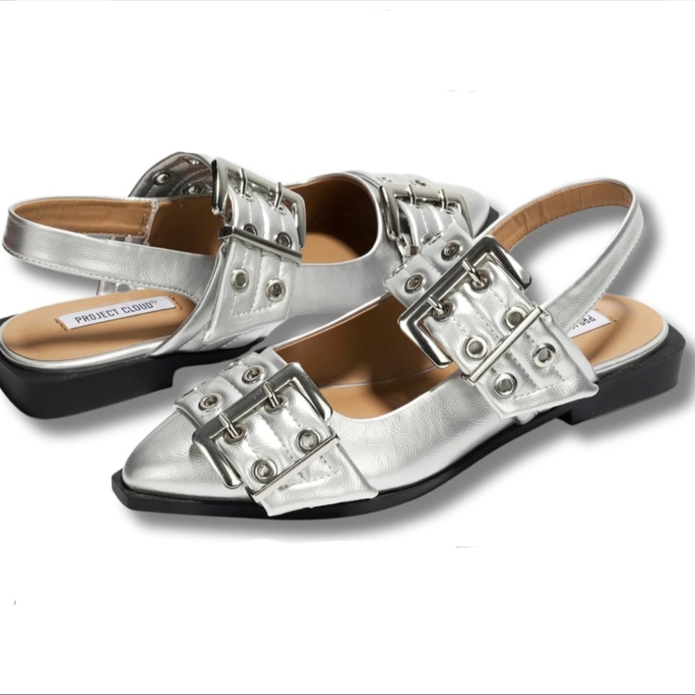 New Slingback Buckle Ballet Flats, Pointed Toe, Silver, Size 10, NWT